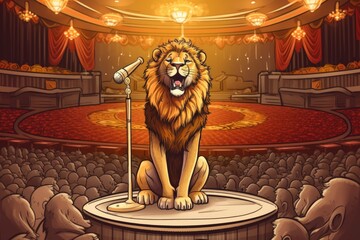 Wall Mural - lion giving a speech on a stage with a microphone. Generative AI