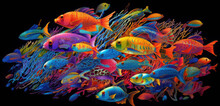 School Of Colorful Iridescent Stylized Fish By Generative AI