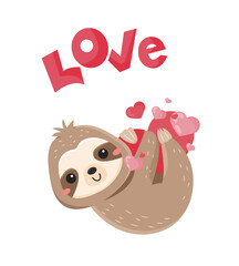 Wall Mural - Cute sloths with love. Adorable animal for Valentines Day. Character hugs heart. Design element for greeting postcard. Romance, love and care. Cartoon flat vector illustration