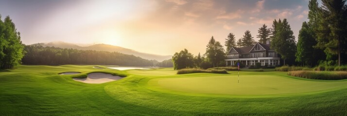 Wall Mural - Scenic Golf Course with Forest and House in Background. Generative AI.