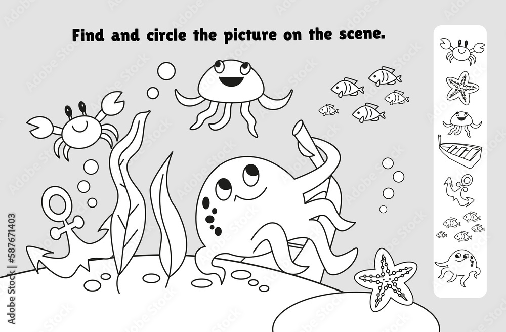 Vector de Stock Find and circle objects. Educational puzzle game for ...
