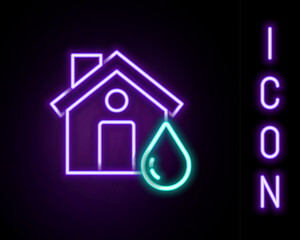 Canvas Print - Glowing neon line House flood icon isolated on black background. Home flooding under water. Insurance concept. Security, safety, protection, protect concept. Colorful outline concept. Vector