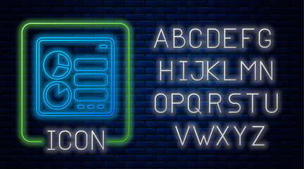 Glowing neon Computer api interface icon isolated on brick wall background. Application programming interface API technology. Software integration. Neon light alphabet. Vector