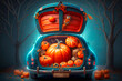 © klavdiyav - cute trunk of car decorated for Halloween with cobwebs, orange balloons, pumpkins and sweets, the outdoor creative activity concept in autumn in October, AI generative