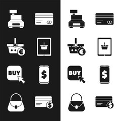 Sticker - Set Shopping basket on tablet, and euro, Cash register machine, Credit card, Buy button, Smartphone with dollar, and Handbag icon. Vector