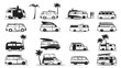 Collection of beach bus black and white.line illustration of travel bus on transparent background.