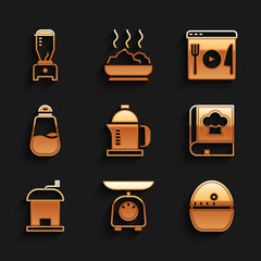 Sticker - Set French press, Scales, Kitchen timer, Cookbook, Manual coffee grinder, Salt, Cooking live streaming and Blender icon. Vector