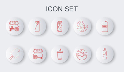 Sticker - Set line Bottle of water, Ice cream, Burrito, Donut, Fast street food cart, and Glass with icon. Vector