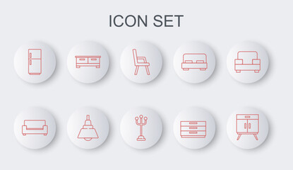 Poster - Set line Chest of drawers, Sofa, Armchair, Refrigerator, Chandelier and Coat stand icon. Vector