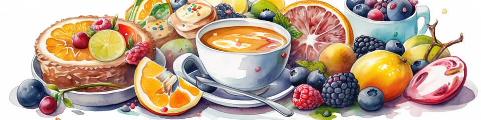 Sticker - Fruit breakfast with cup of coffee, concept watercolor banner illustration isolated on white, AI generative image