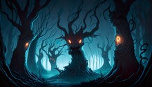 A Spooky Forest With Gnarled Trees Glowing Eyes And A Sense Of Impending Doom  Generative AI