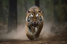 Angry Tiger Roaring And Running, - Wildlife - Action Shot