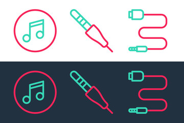 Sticker - Set line Audio jack, Music note, tone and icon. Vector