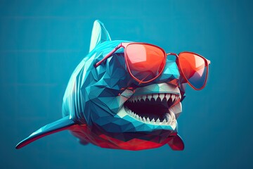 shark wearing sunglasses on a solid color background, vector art, digital art, faceted, minimal, abstract. Generative AI.