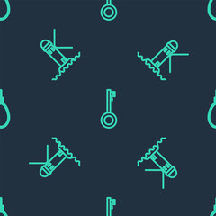 Poster - Set line Pirate key, Lighthouse and Gallows rope loop hanging on seamless pattern. Vector