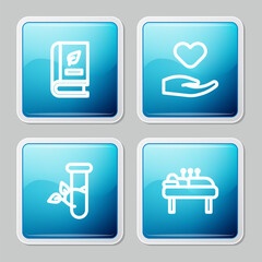 Sticker - Set line Medical book, Heart in hand, Laboratory glass leaves and Acupuncture therapy icon. Vector