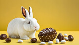 Fototapeta Dinusie - huevos de pascua de chocolate negro con conejo blanco