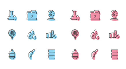 Sticker - Set line Propane gas tank, Gasoline pump nozzle, Oil petrol test tube, Barrel oil, drop with dollar symbol, Pie chart infographic and, Motor gauge and Canister for motor machine icon. Vector