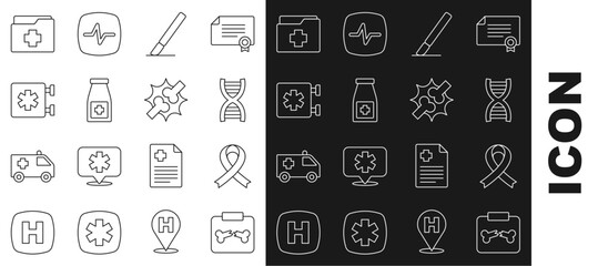 Poster - Set line X-ray shots with broken bone, Awareness ribbon, DNA symbol, Surgery scalpel, Medicine bottle and pills, Emergency Star of Life, Patient record and Joint pain, knee pain icon. Vector