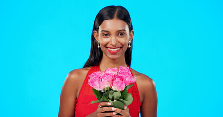 Sticker - Face, flower bouquet and happy beauty woman with nature gift, sustainable agriculture portrait or natural present. Eco friendly product, floral studio roses and female person smile on blue background