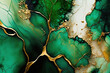 Abstract acohol ink art green and gold background. Luxury backdrop. Ai generated.