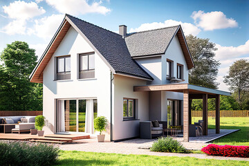 Wall Mural - Illustration of modern German detached house with beautiful garden as city real estate photography (Generative AI)