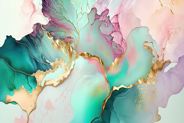 Wall Mural - Marble ink abstract art pastel colorful and gold background. Ai generated