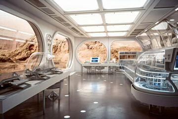 Wall Mural - futuristic interior of a laboratory or scientific station on a planet. created with generative ai te