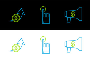 Poster - Set line Megaphone and dollar, Financial growth coin and Hand touch tap gesture icon. Vector