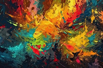 Canvas Print - Illustration of an abstract painting with vibrant splashes of color against a dark backdrop. Generative AI