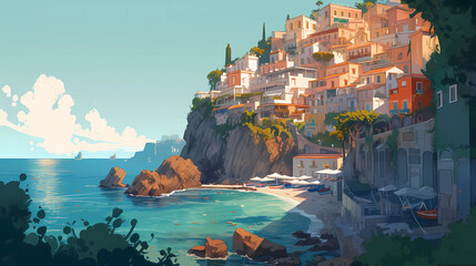 Wall Mural - Morning view of the small town of Amalfi on the Mediterranean coast, Italy