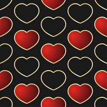 Red Hearts Vector Seamless Pattern. Volumetric Gradient Hearts With Gold Frames On Black Background. Best For Web, Polygraphy, Print And St. Valentine's Day Decoration.