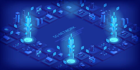 5g network technology concept. Wireless mobile telecommunication service. City buildings with telecommunication towers. Marketing website landing template. Isometric vector illustration.