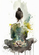 © Roman - Woman meditating in sitting pose illustration from behind with lotus flower esoteric yogi practice watercolor digital art generative ai