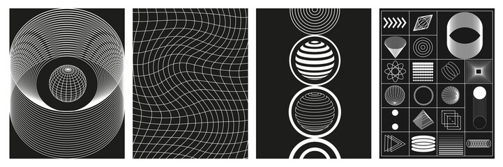 Set of abstract geometric figures contemporary artwork, abstract monochrome vector set posters, cover, invitation inspired brutalism. Flat vector illustration with 3d wireframe models. 