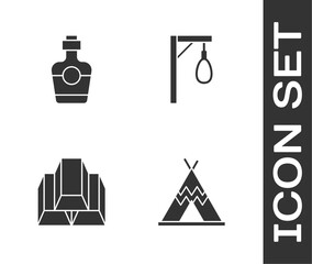 Wall Mural - Set Indian teepee or wigwam, Tequila bottle, Gold bars and Gallows icon. Vector