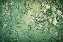 Lush Green Floral Background With Intricate Swirls And Blooming Flowers. Generative AI