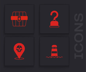 Poster - Set Lighthouse, Antique treasure chest, Pirate hook and Location pirate icon. Vector