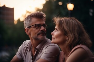 Couple sitting together outside a cafe on the street, sidewalk