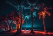 palm trees on the beach against the background of   neon lights concept of travel and beach parties. Generative AI