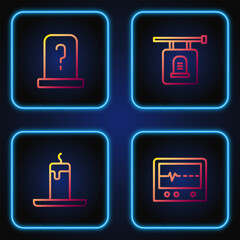 Sticker - Set line Beat dead in monitor, Burning candle, Grave with tombstone and Signboard. Gradient color icons. Vector