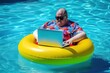 Oversize man enjoying summer in swimming pool in floater with laptop. Generative AI
