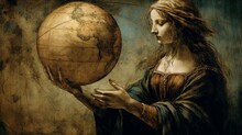 Woman Holding Globe, Vintage Art. Generative AI