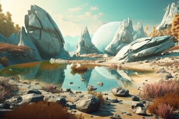 Sticker - desert landscape with rocks and water. Generative AI