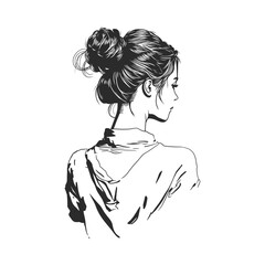 Women figure from behind with messy bun hair style. Black and white vector line art