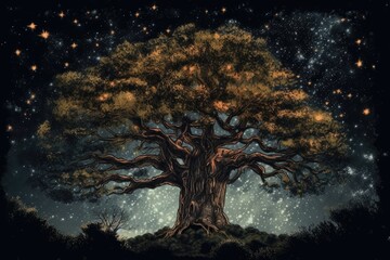 Sticker - mystical tree under a starry night sky. Generative AI