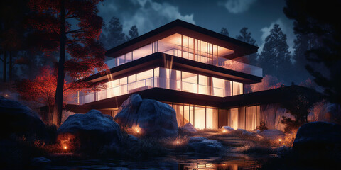 Wall Mural - a luxurious home in a nighttime natural setting - Generative AI