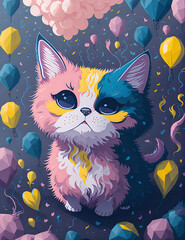  A fluffy kitten surrounded by colorful balloons and confetti, a watercolor effect, digital painting illustration, Generative AI