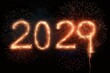 2029 Himmel voller Rauch und  Funken: Feuerwerk 2024 Silvester mit der Jahreszahl am Himmel. (Generative AI)