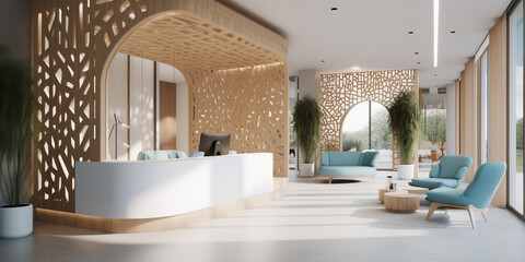 Illustration of modern hotel lobby space. sleek front desk with a white counter parametric design. AI Generative.